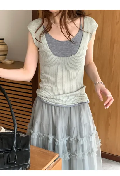 Ribbed Layered Camisole Top in Beige - 17