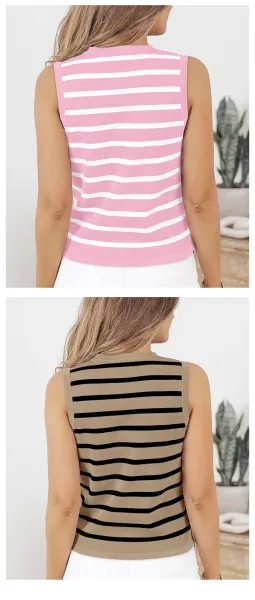 Striped Knit Vest Beige and Black Vest - 12