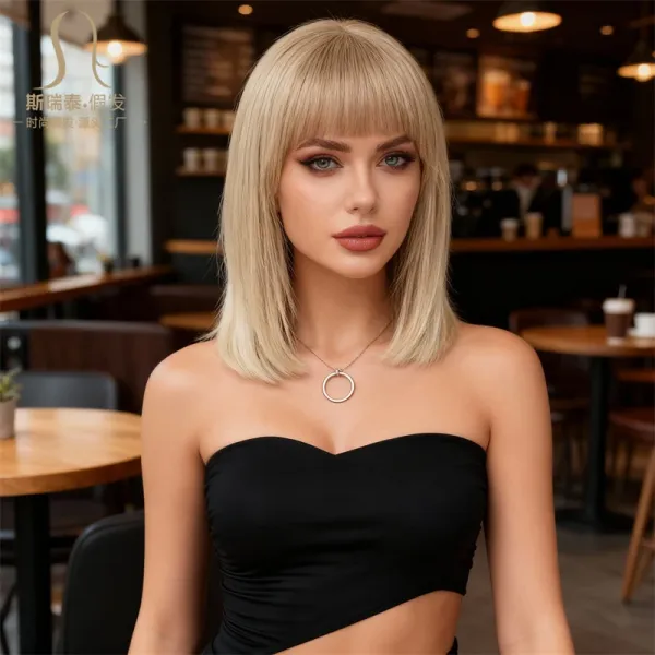 Siretai Synthetic Bob Wig with Bangs in Ash Blonde Hairpiece - 15