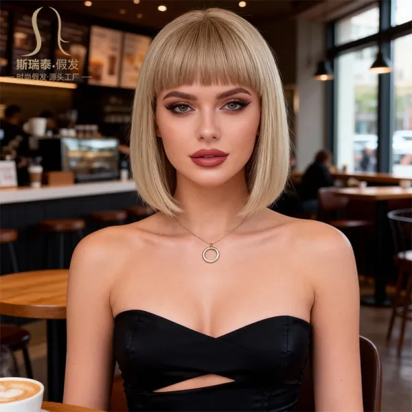 Siretai Synthetic Bob Wig with Bangs in Ash Blonde Hairpiece - 1