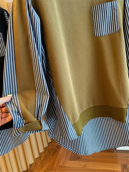 Oversized Layered Knit Top with Striped Sleeve and Pocket in Olive Brown - 6