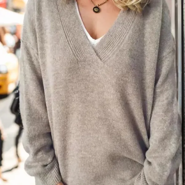 Design Oversized V-Neck Cashmere Blend Sweater Gray - 1