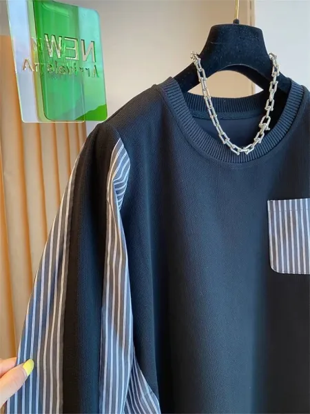 Oversized Layered Knit Top with Striped Sleeve and Pocket in Olive Brown - 16