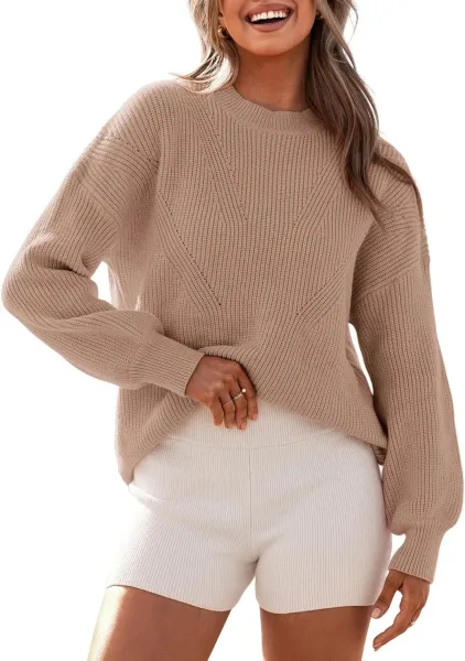 Oversized Ribbed Knit Sweater and High-Waisted Shorts Set Beige Cream - 17