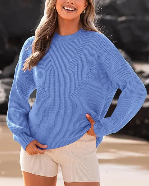 Oversized Ribbed Knit Sweater and High-Waisted Shorts Set Beige Cream - 20