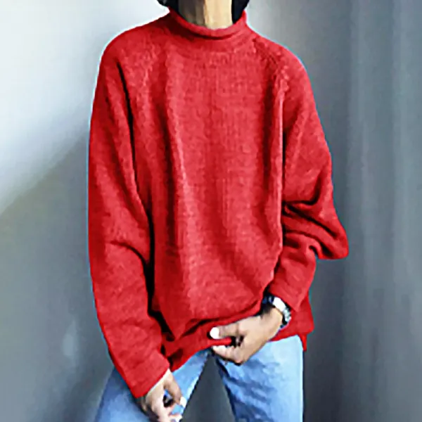 Design High-Neck Oversized Knit Sweater Red - 1