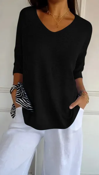 Black V-Neck Relaxed Fit Knit Top with Asymmetrical Hem - 1