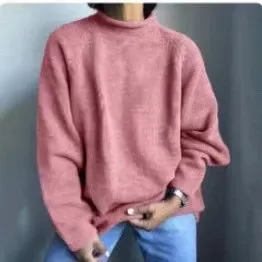 Design Oversized Turtleneck Sweater Pink Knit Top - 1