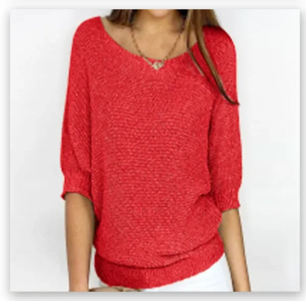 Red Textured Knit V-Neck Sweater - 12