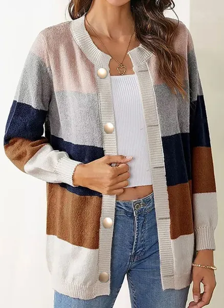 Multicolor Striped Knit Cardigan with Pearl Buttons - 4