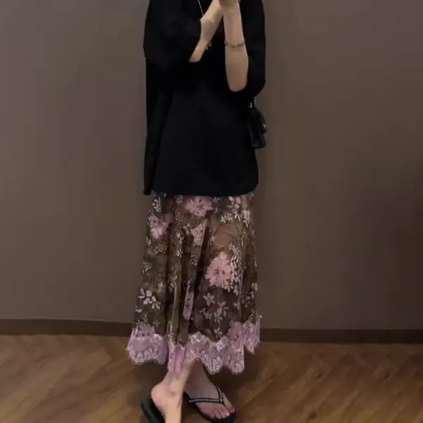 Floral Lace Hem Midi Skirt in Brown and Pink - 1