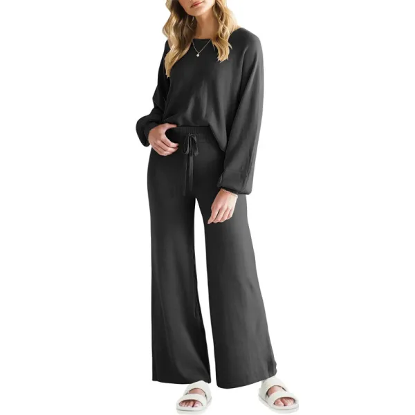 Black Knit Lounge Set with Drawstring Waist Pants - 1