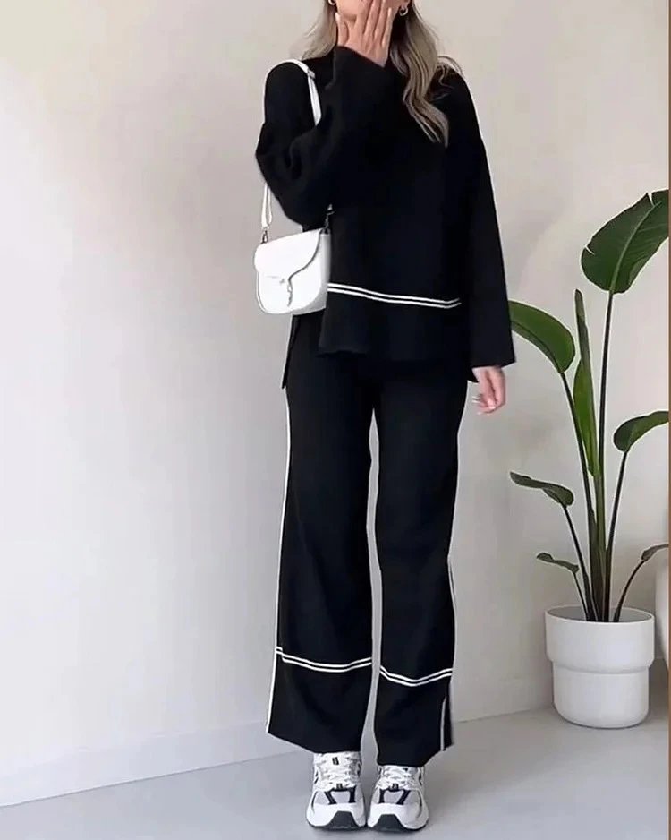 Design Track-Style Two-Piece Set with White Piping Black Pants and Sweater