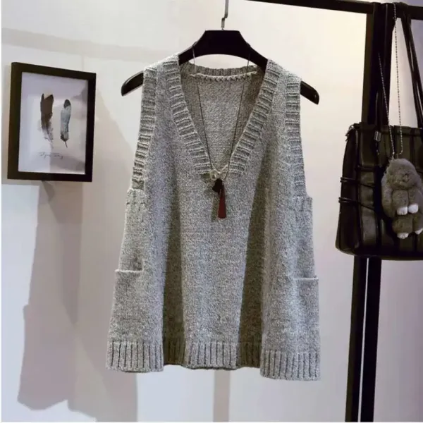 Knit V-Neck Sleeveless Vest Top in Heather Gray - 1