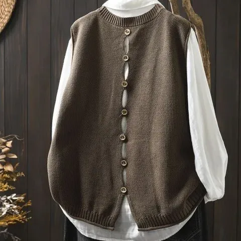 Knit Button-Front Vest Top in Brown - 1