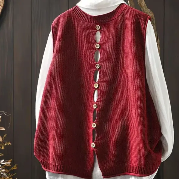Knit Vest Top in Burgundy with Button-Through Cutout Detail - 1