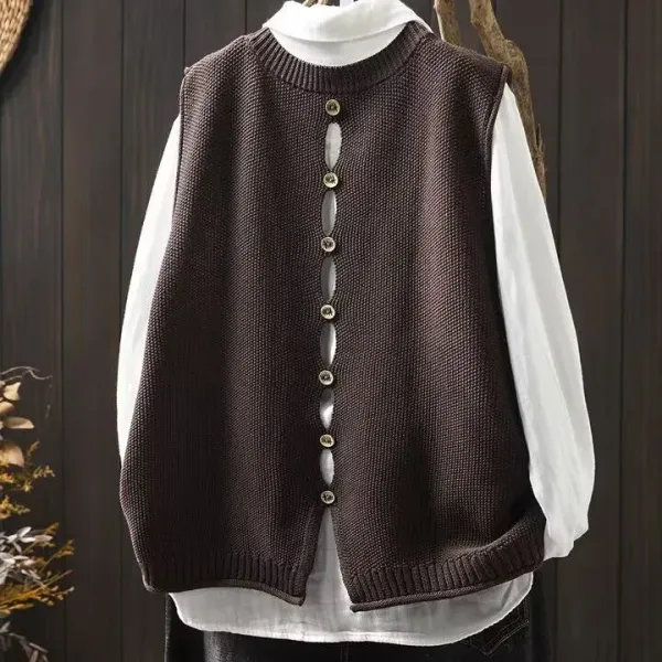 Knit Button-Front Vest Top in Brown - 1