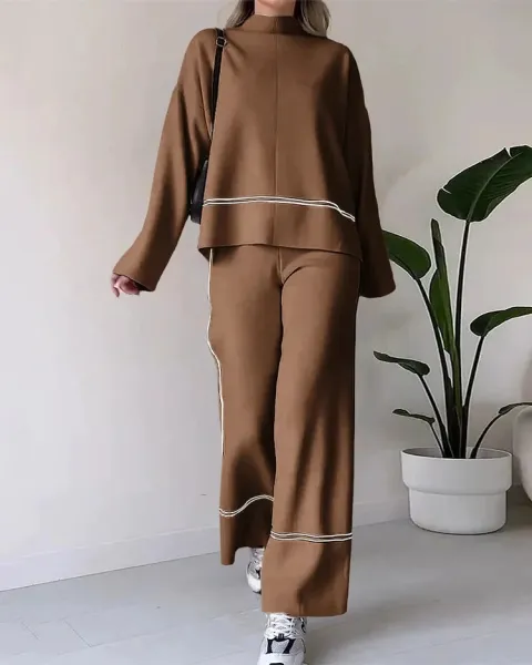 Design Two-Piece Set Brown with White Piping Casual Set - 1