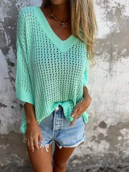 Mint Green Open-Knit V-Neck Cropped Sweater - 1