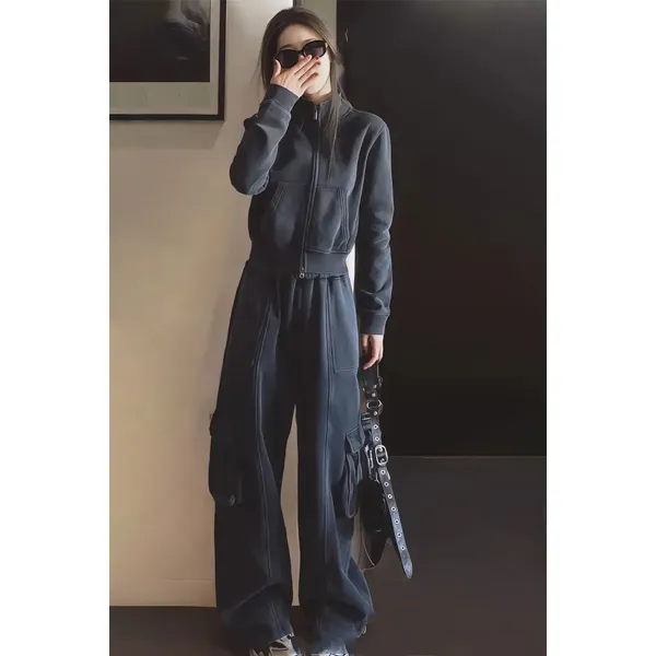 Design Velvet Zip-Up Hoodie and Cargo Pants Set Charcoal Gray Tracksuit - 1