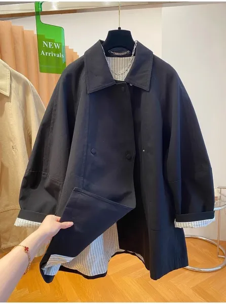 Oversized Collar Coat in Navy with Contrast Cuff Detail Outerwear - 13