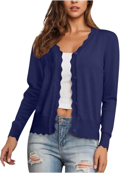 Scalloped Hem V-Neck Cardigan in Burgundy - 16