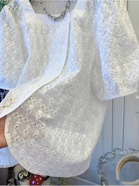 DHR Eyelet Lace Square-Neck Blouse White Top - 9