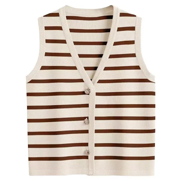 Striped Knit Vest Top in Beige and Brown - 1