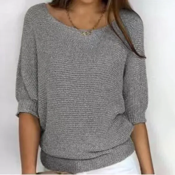 Gray Knit Drop-Shoulder Sweater - 1
