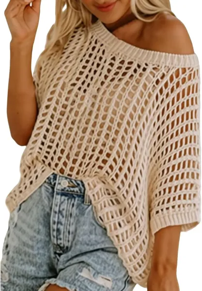 Brown Open-Knit Off-Shoulder Sweater - 14