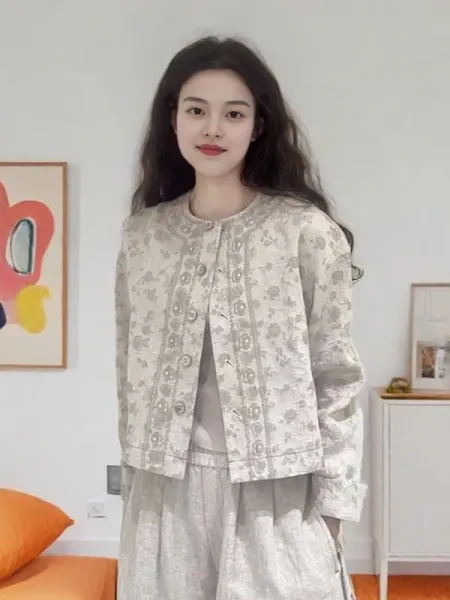 Chanel Tweed Floral Embroidered Jacket in Beige Gray - 2