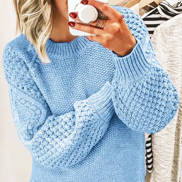 Light Blue Textured Knit Balloon Sleeve Sweater - 1