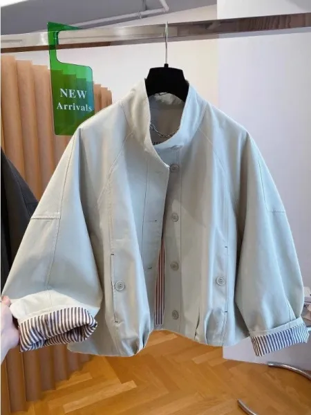 Design Oversized Stand-Collar Jacket in Mint Green with Striped Cuff Detail - 1