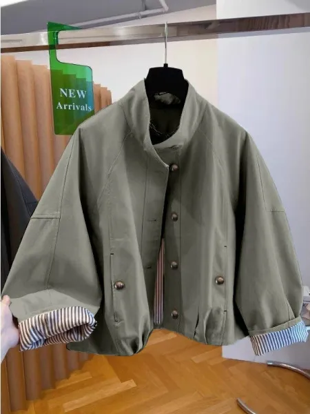 Olive Green Oversized Military-Style Jacket with Striped Cuff Detail Outerwear - 1