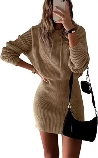 Ribbed Knit Mini Dress in Beige with Black Crossbody Bag - 1