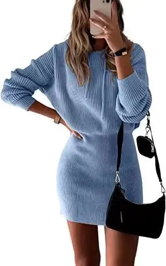 Ribbed Knit Mini Dress in Light Blue - 1