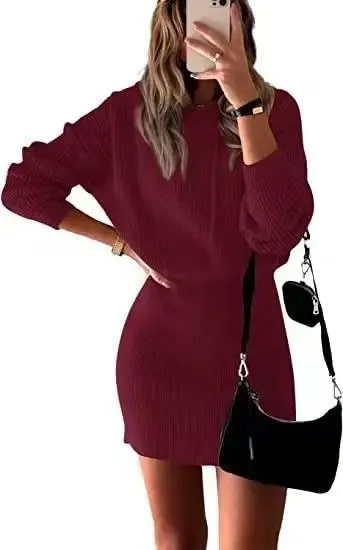 Ribbed Knit Mini Dress in Burgundy - 1