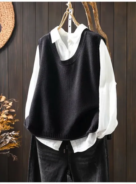 Knit Button-Front Vest Top in Black with Gold Buttons - 14