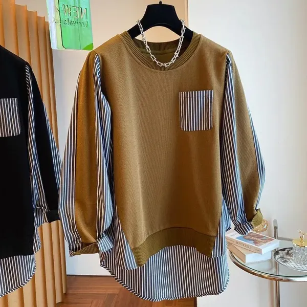 Oversized Layered Knit Top with Striped Sleeve and Pocket in Olive Brown - 1