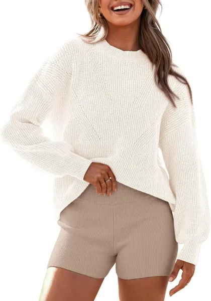 Oversized Ribbed Knit Sweater and High-Waisted Shorts Set Beige Cream - 1