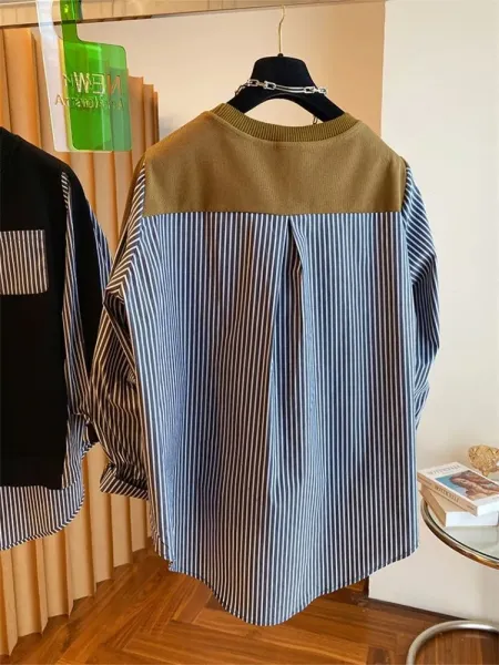 Oversized Layered Knit Top with Striped Sleeve and Pocket in Olive Brown - 11