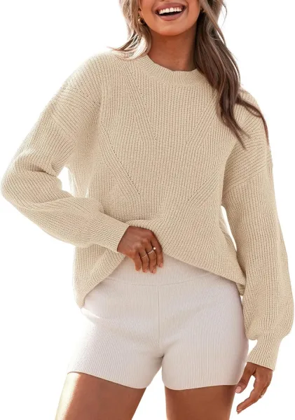 Oversized Ribbed Knit Sweater and High-Waisted Shorts Set Beige Cream - 15