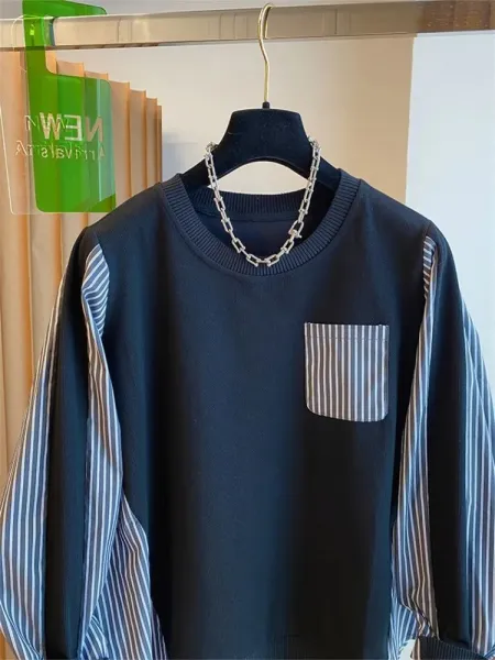 Oversized Layered Knit Top with Striped Sleeve and Pocket in Olive Brown - 13