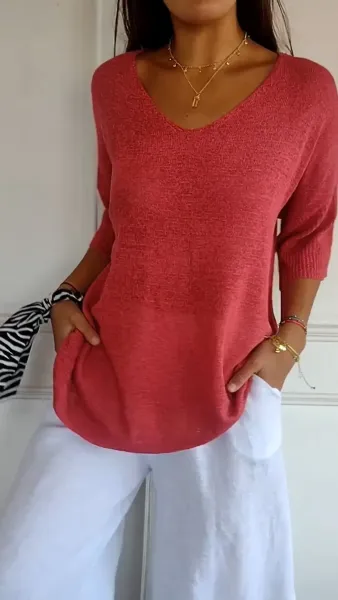 Design V-Neck Lightweight Knit Sweater Coral Pink Top - 1