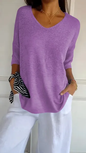 Lavender V-Neck Slouchy Knit Top - 1