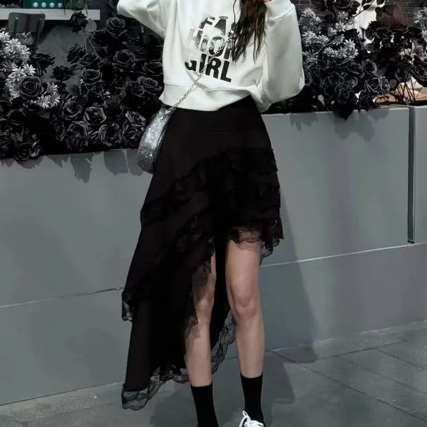 Design Graphic Print Oversized Hoodie with Asymmetrical Lace Skirt Set