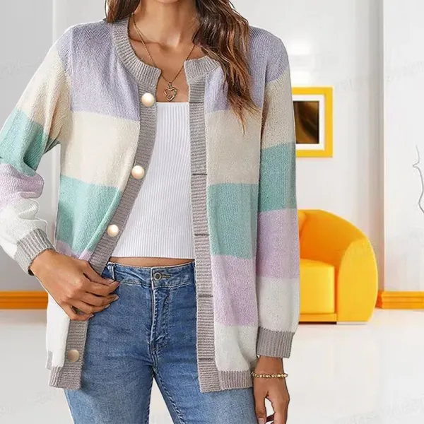 Multicolor Striped Knit Cardigan with Pearl Buttons - 1