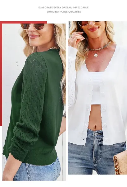 White Lace-Knit V-Neck Button-Front Cardigan - 12