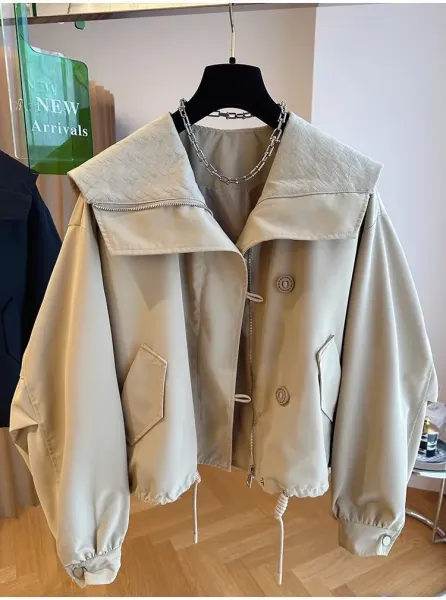 Design Oversized Collar Windbreaker Beige Outerwear - 7