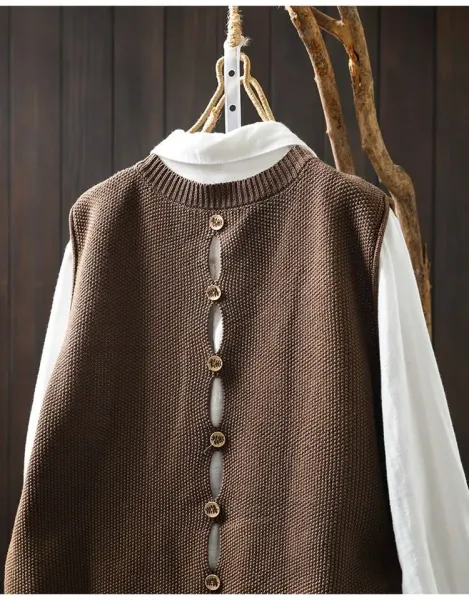 Knit Button-Front Vest Top in Black with Gold Buttons - 24